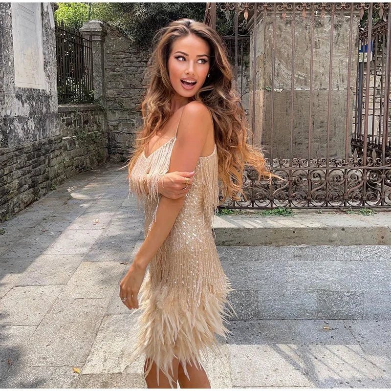 Darcey | Fringe Feather Trim Wedding Guest Mini Dress