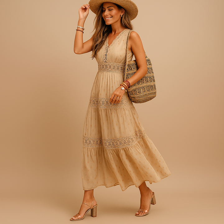 Evie | Wedding Guest Lace Trim Maxi Dress