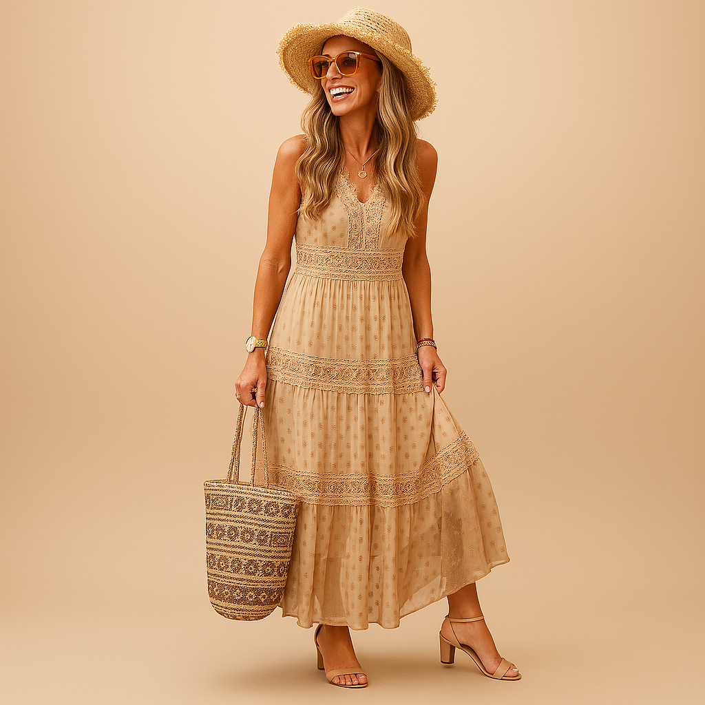 Evie | Wedding Guest Lace Trim Maxi Dress