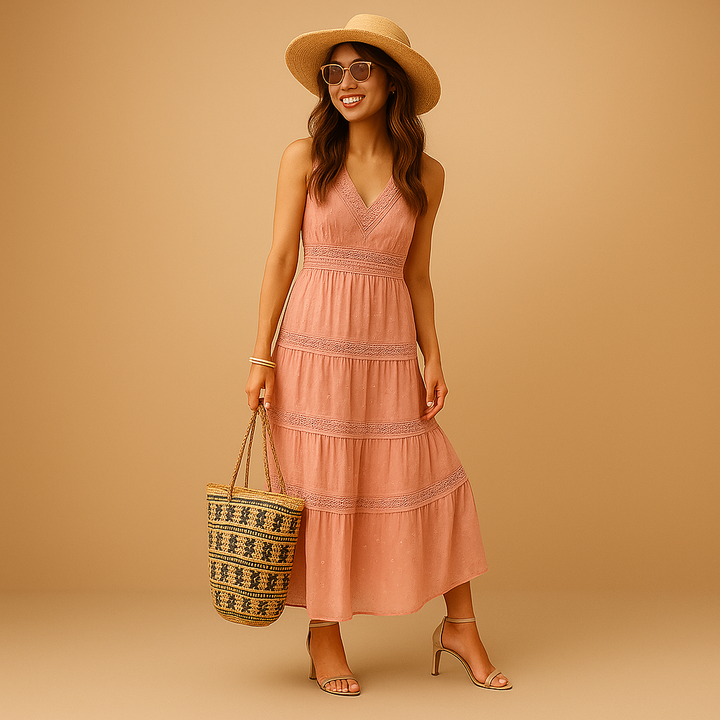 Evie | Wedding Guest Lace Trim Maxi Dress