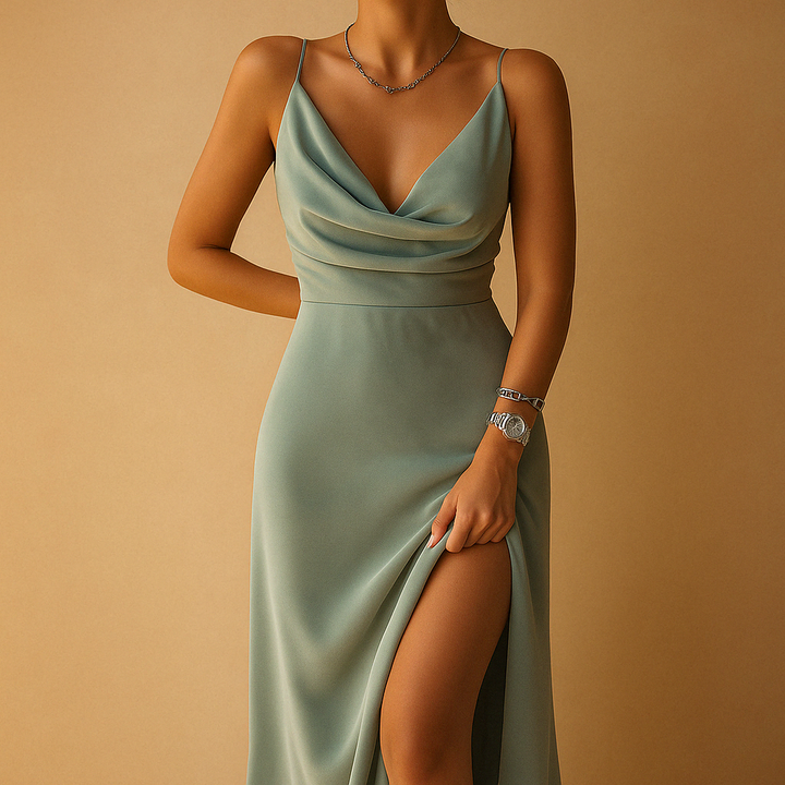 Sophia | Wedding Guest Satin Maxi Dress with Slit
