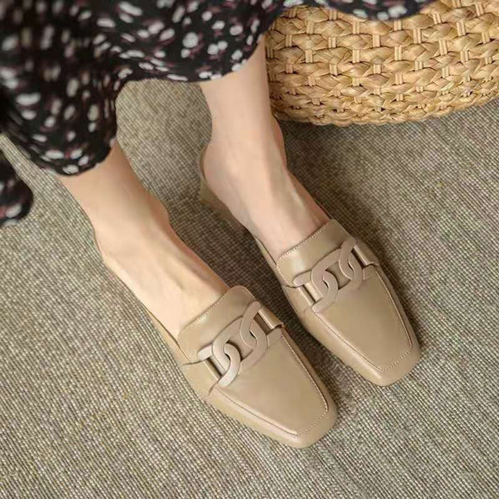 Grace | Square Toe Chain Detail Leather Loafers