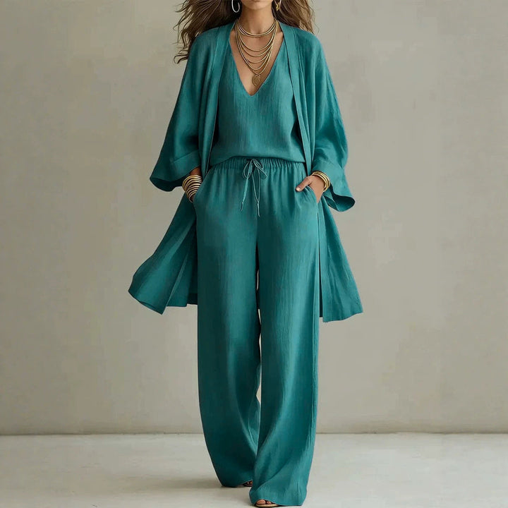Linen Three Piece Set with Longline Cardigan and Wide Leg Trousers