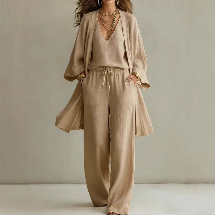 Linen Three Piece Set with Longline Cardigan and Wide Leg Trousers