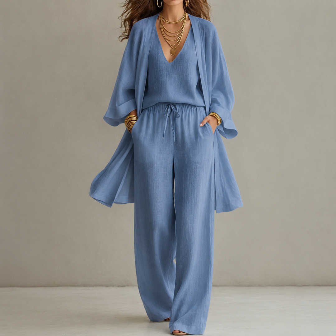 Linen Three Piece Set with Longline Cardigan and Wide Leg Trousers
