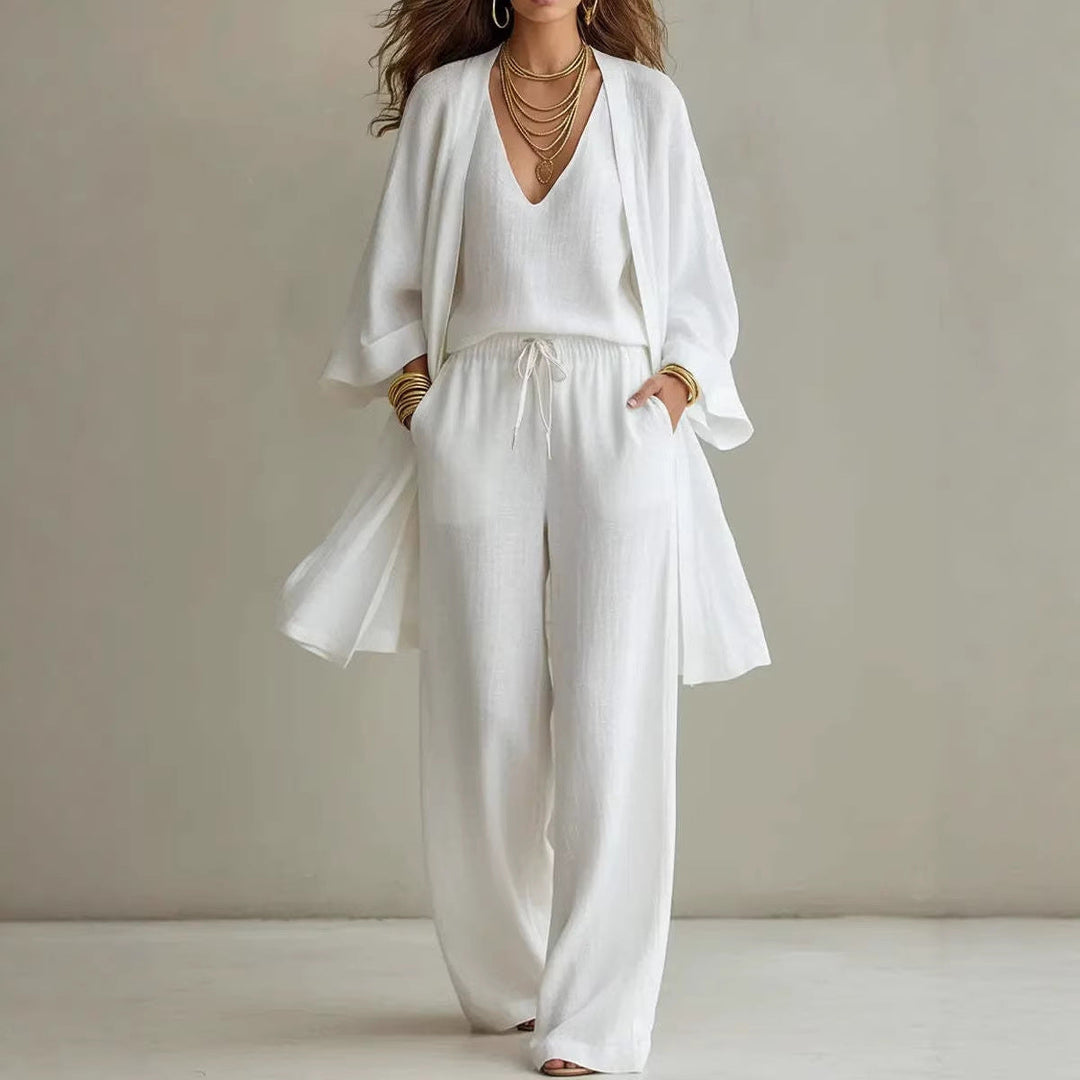 Linen Three Piece Set with Longline Cardigan and Wide Leg Trousers