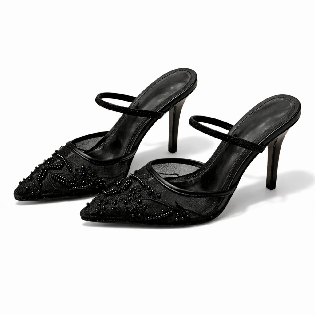 Sophia | Beaded Mesh Pointed Toe Stiletto Mule Sandals
