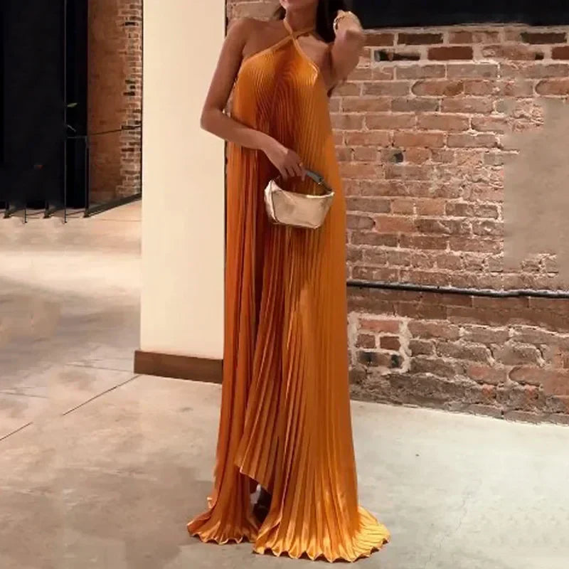 Imogen | Orange Pleated Halter Maxi Dress
