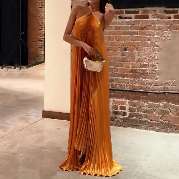 Imogen | Orange Pleated Halter Maxi Dress