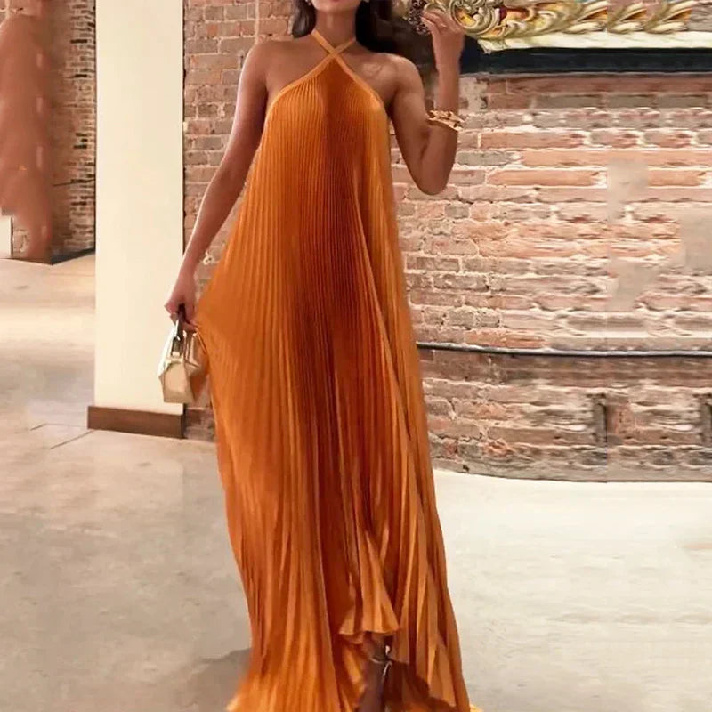 Imogen | Orange Pleated Halter Maxi Dress