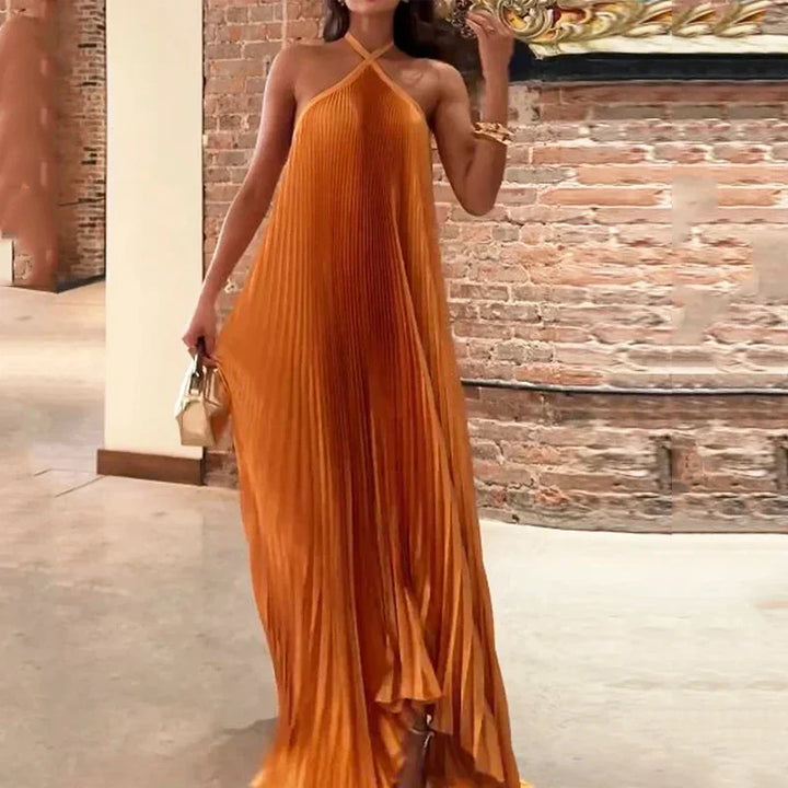 Imogen | Orange Pleated Halter Maxi Dress