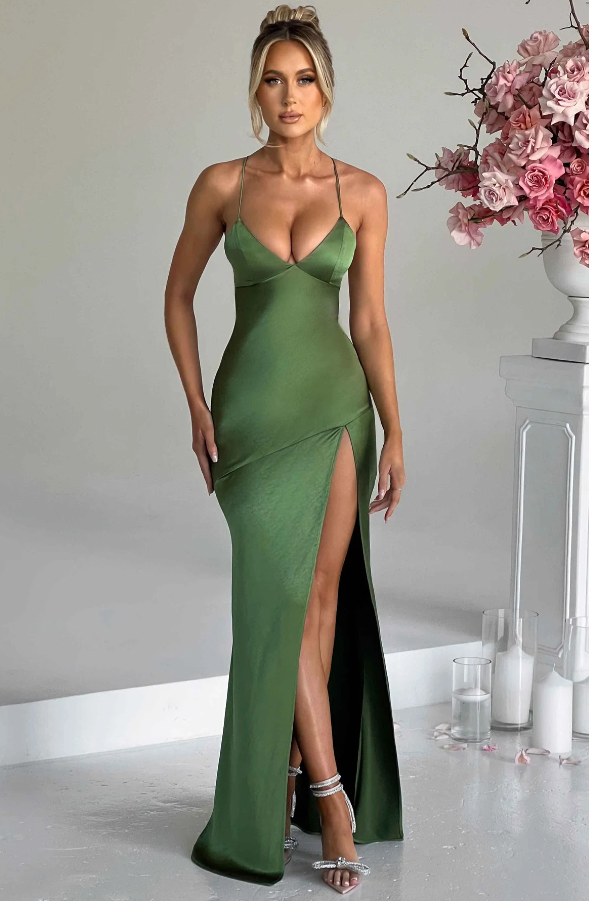 Effie | Wedding Guest Satin Maxi Dress Slit