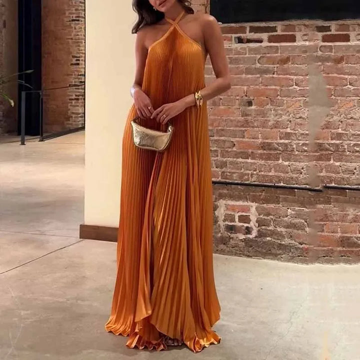 Imogen | Orange Pleated Halter Maxi Dress