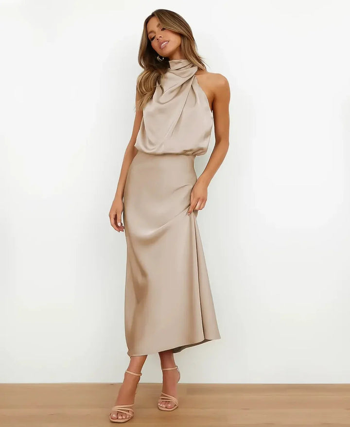 Gemma | Wedding Guest Satin Halter Midi Dress