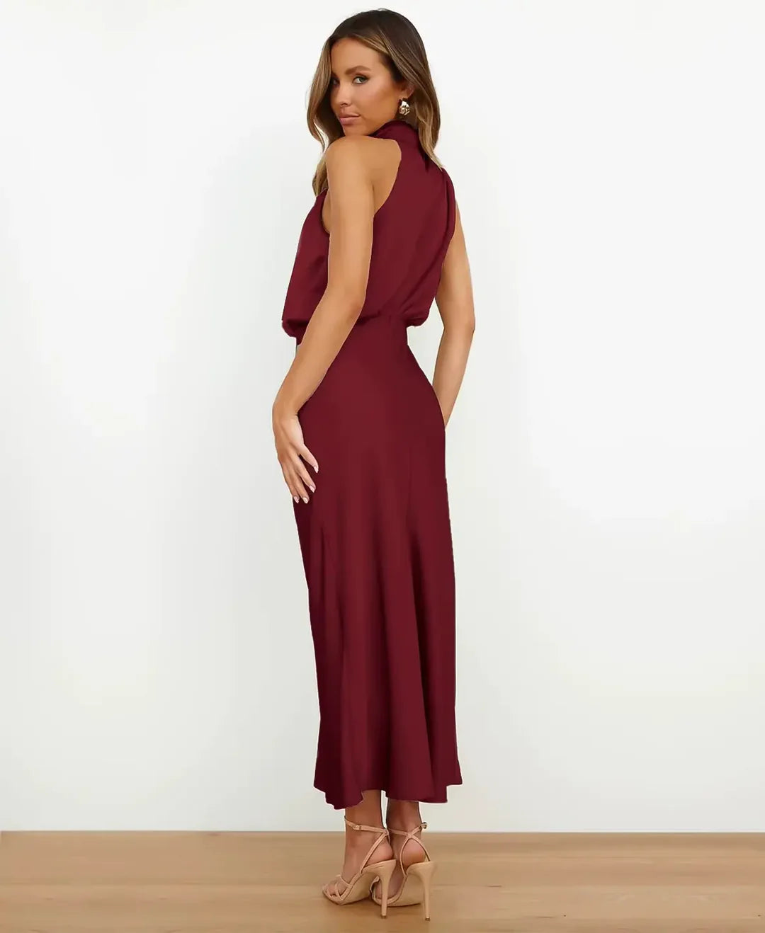Gemma | Wedding Guest Satin Halter Midi Dress