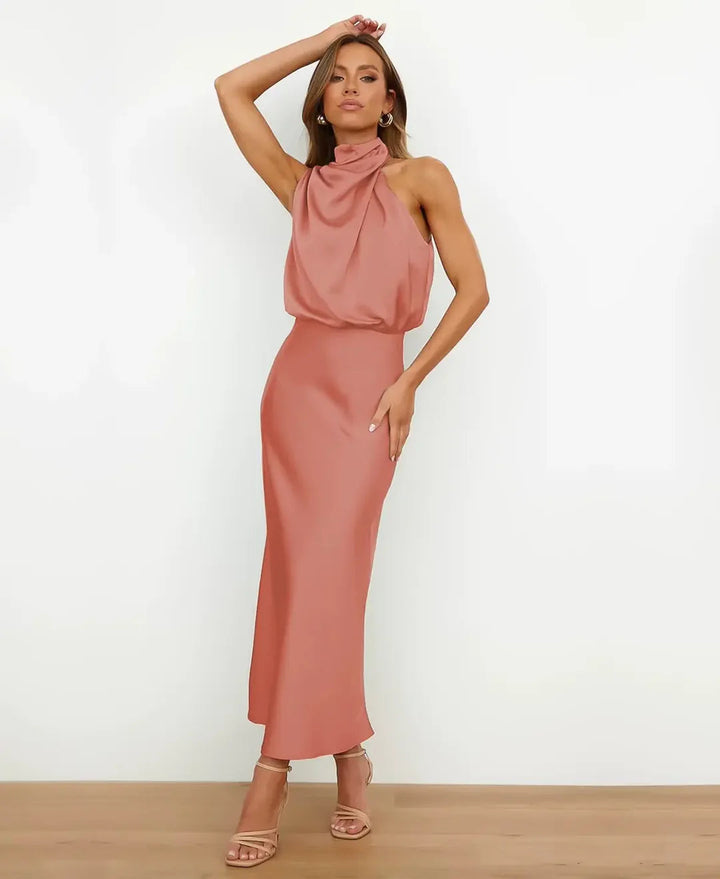 Gemma | Wedding Guest Satin Halter Midi Dress