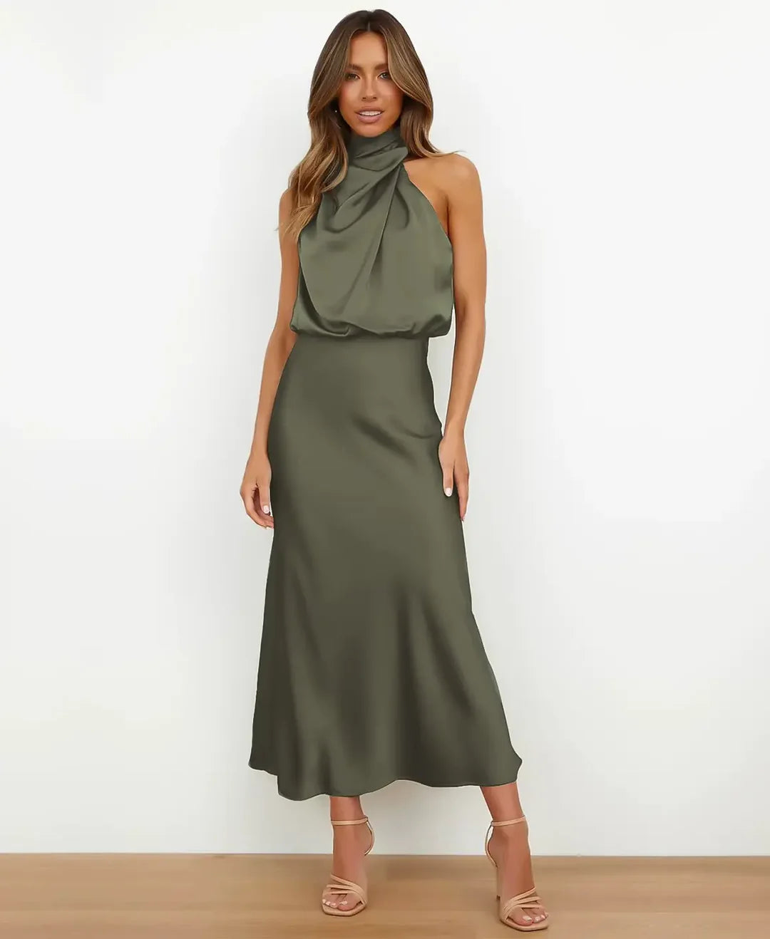 Gemma | Wedding Guest Satin Halter Midi Dress
