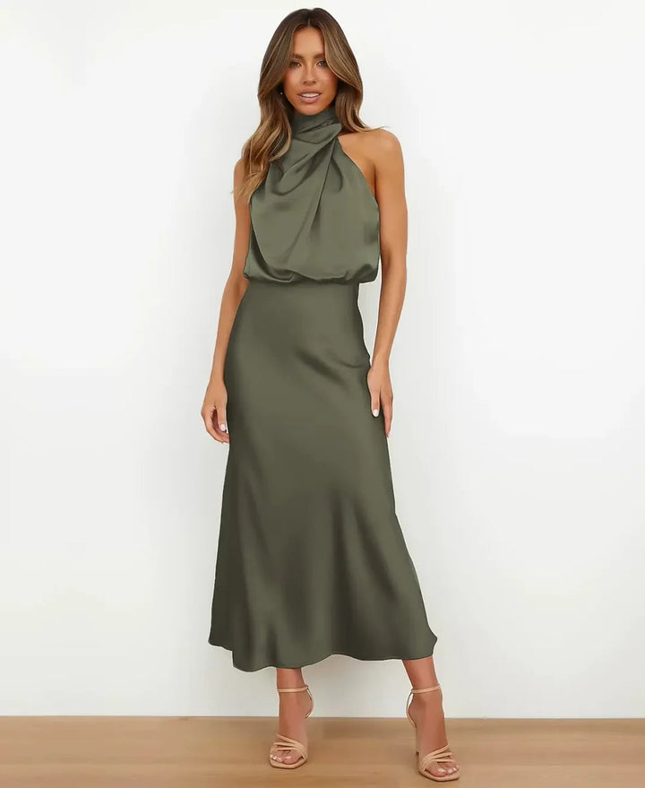 Gemma | Wedding Guest Satin Halter Midi Dress