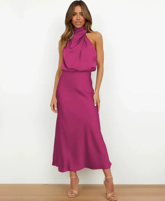 Gemma | Wedding Guest Satin Halter Midi Dress
