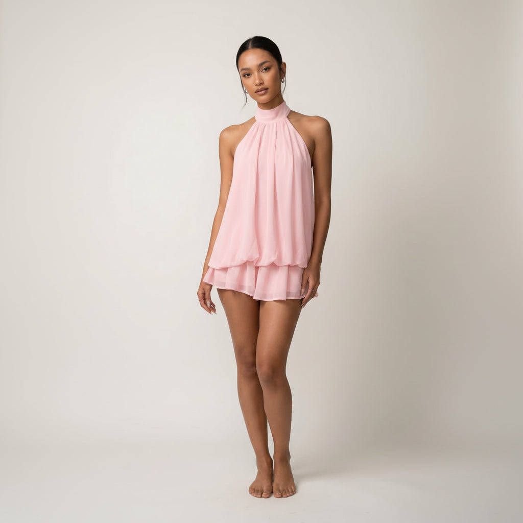 Georgia | Wedding Guest Tiered Halter Mini Dress