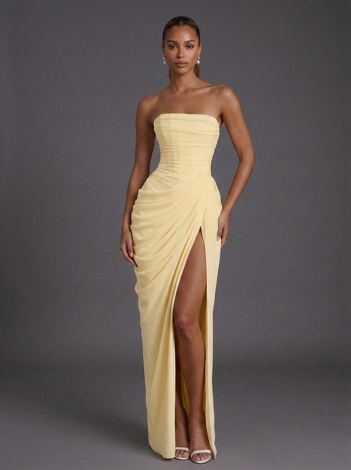 Matilda | Wedding Guest Ruched Maxi Dress with Slit