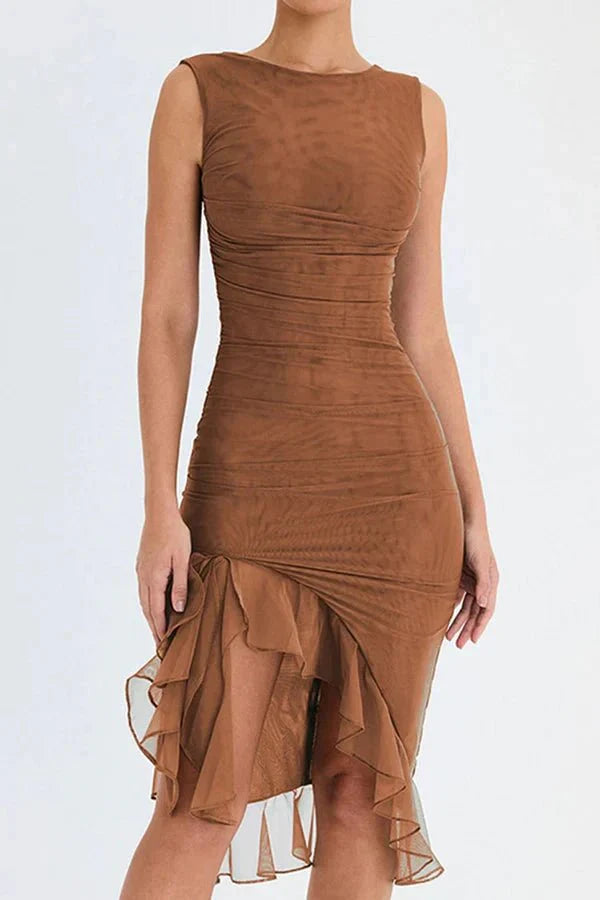 Poppy | Ruched Mesh Midi Dress for Women