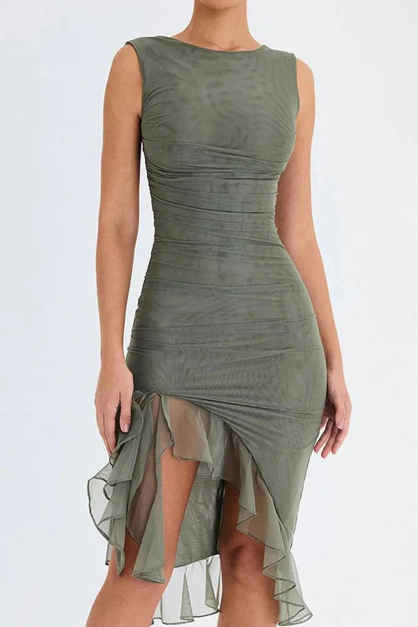 Poppy | Ruched Mesh Midi Dress for Women