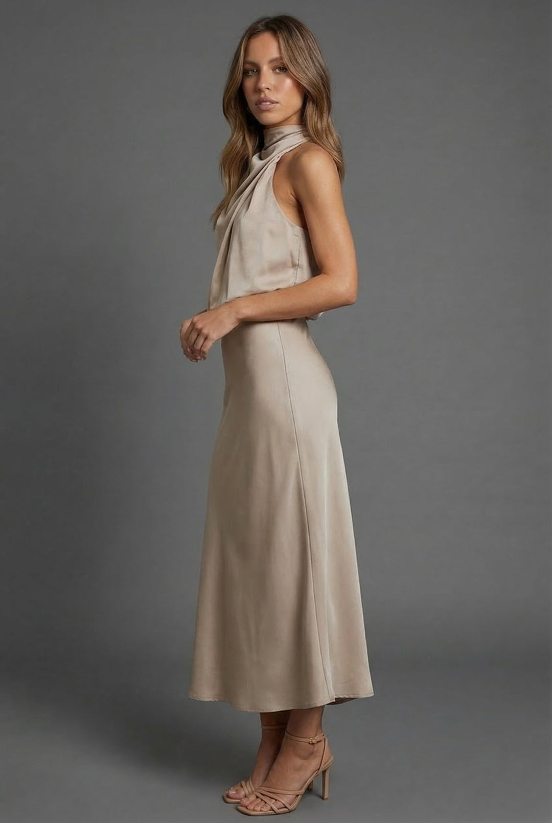Harriet | Wedding Guest Satin Halter Midi Dress
