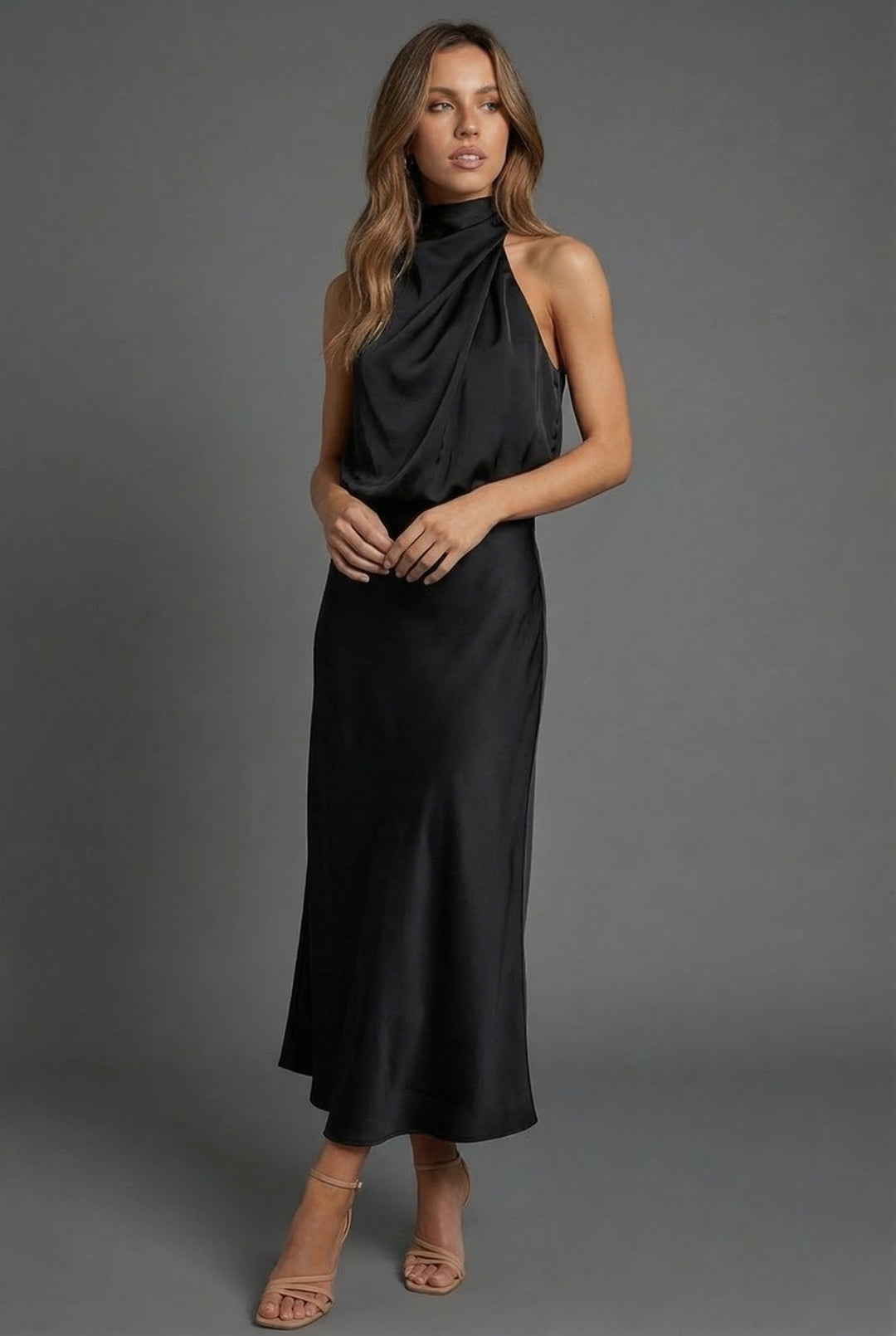 Harriet | Wedding Guest Satin Halter Midi Dress