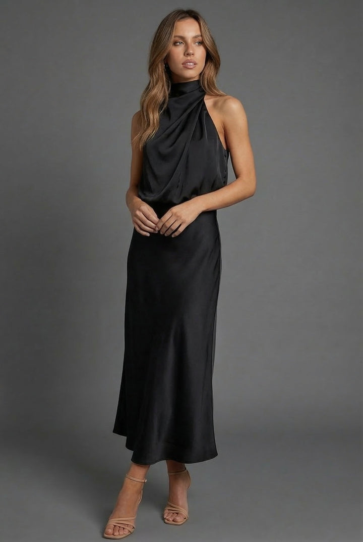 Harriet | Wedding Guest Satin Halter Midi Dress