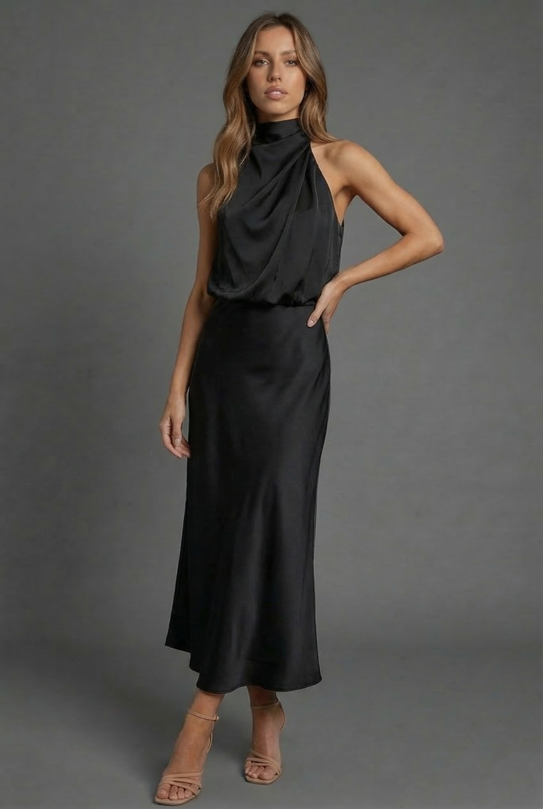 Harriet | Wedding Guest Satin Halter Midi Dress