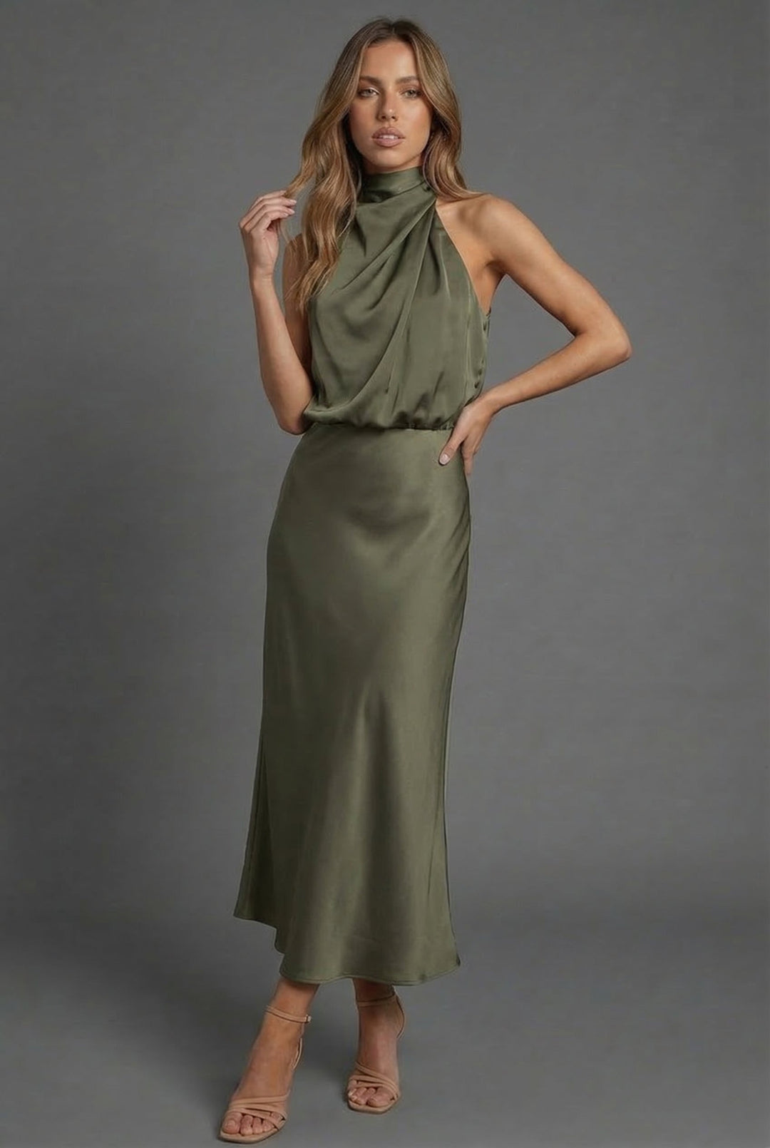Harriet | Wedding Guest Satin Halter Midi Dress