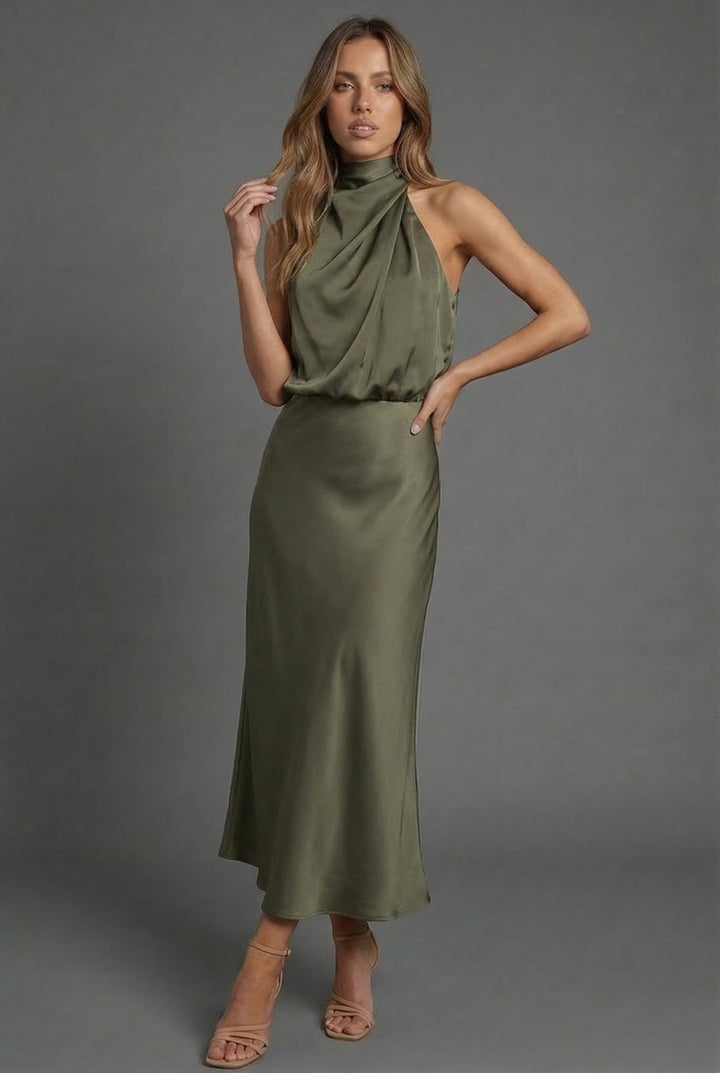 Harriet | Wedding Guest Satin Halter Midi Dress