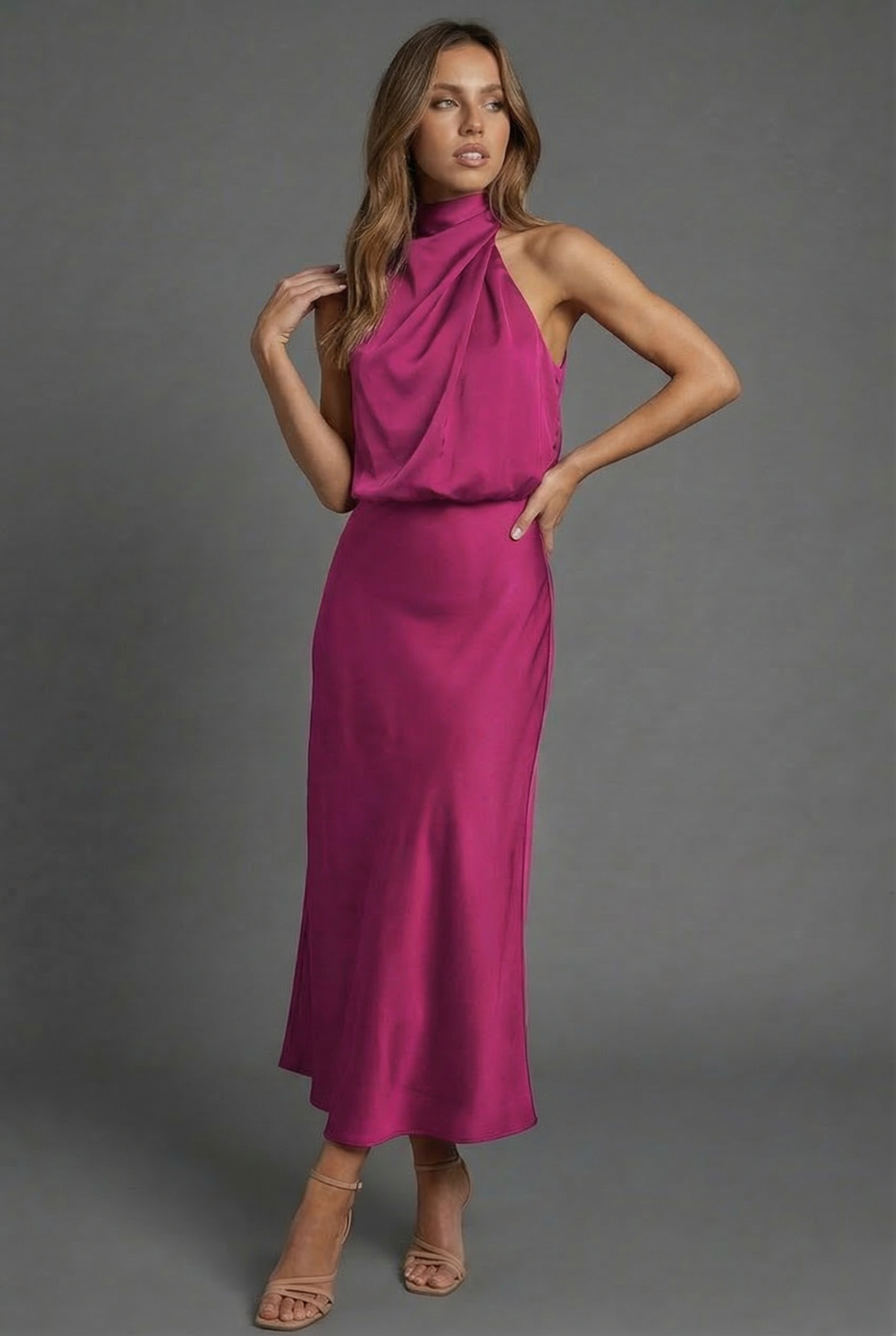 Harriet | Wedding Guest Satin Halter Midi Dress