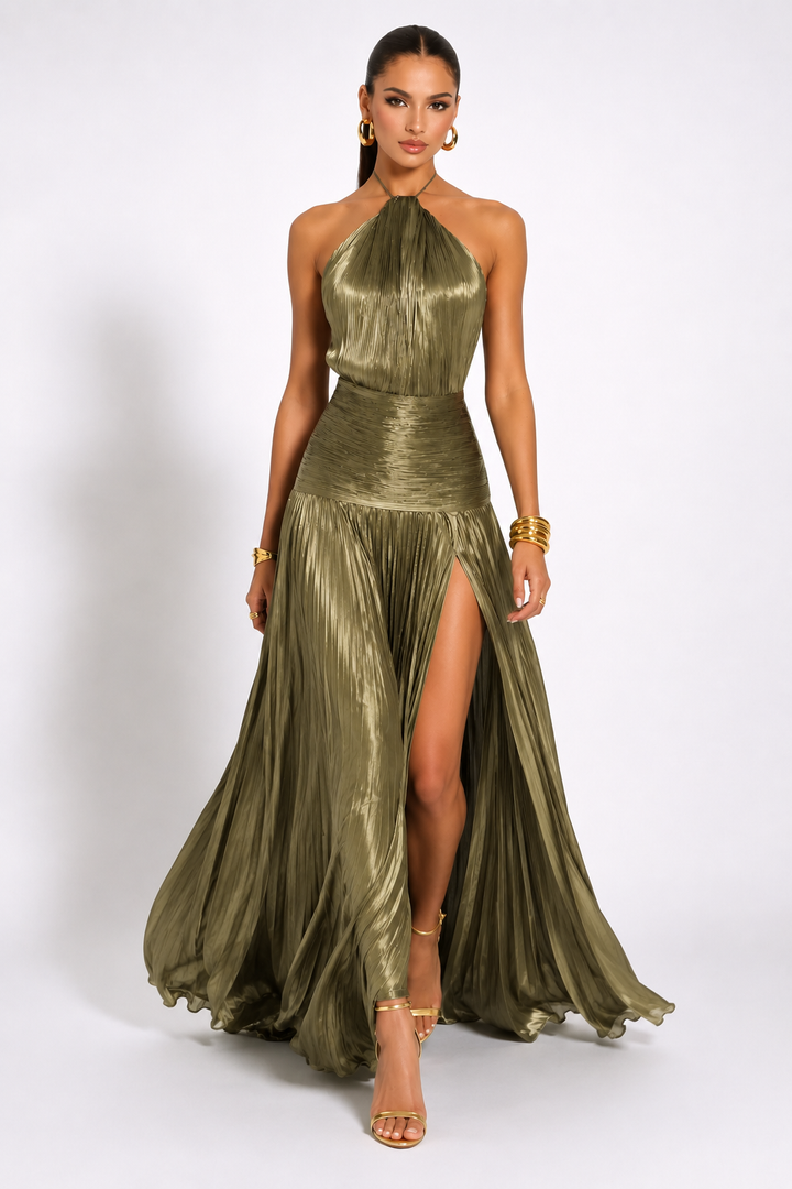 Clemmie | Wedding Guest Pleated Halter Maxi Dress