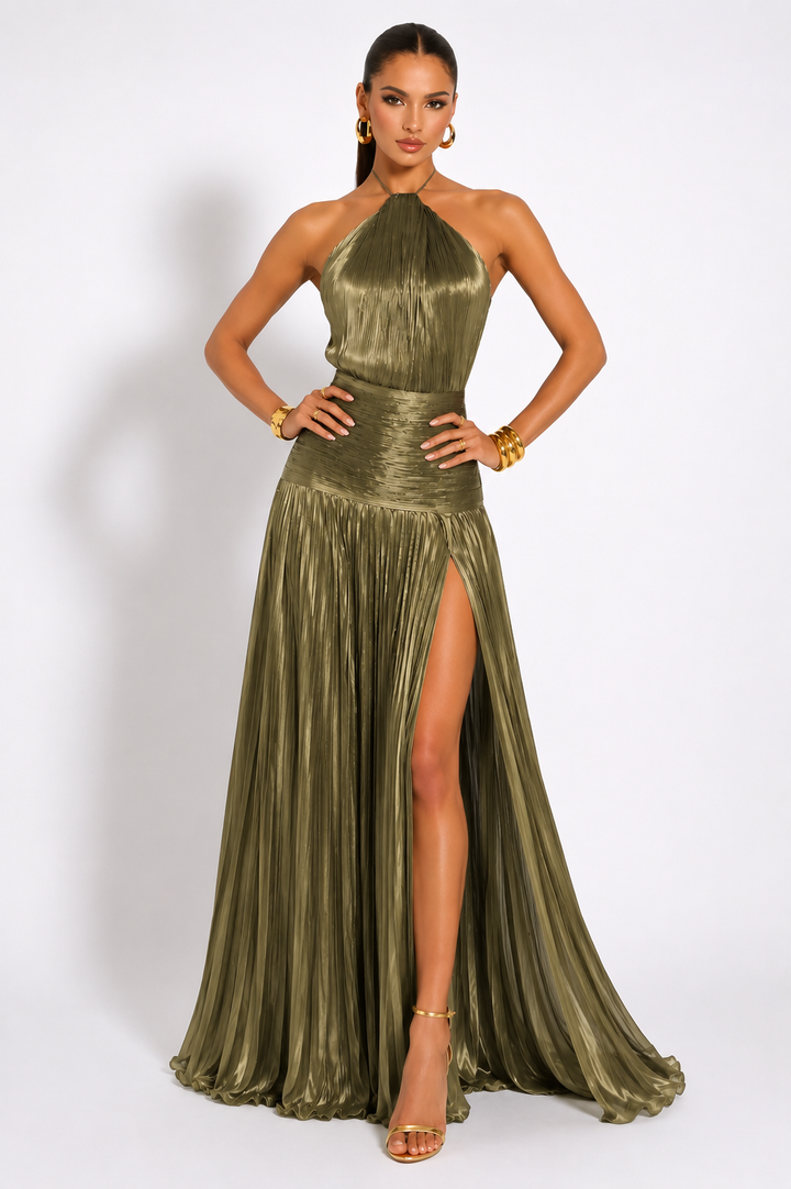 Clemmie | Wedding Guest Pleated Halter Maxi Dress