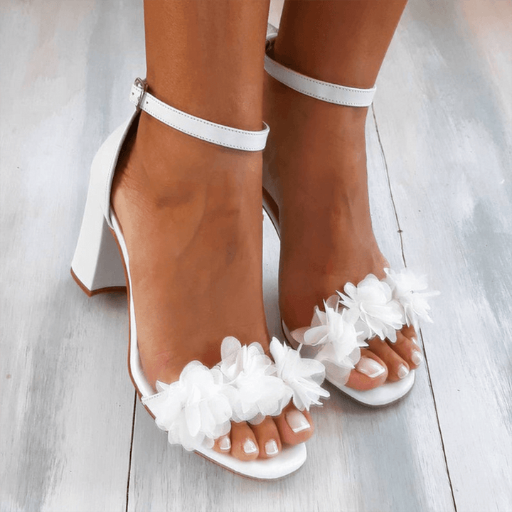 Freya | White Floral Block Heel Wedding Sandals