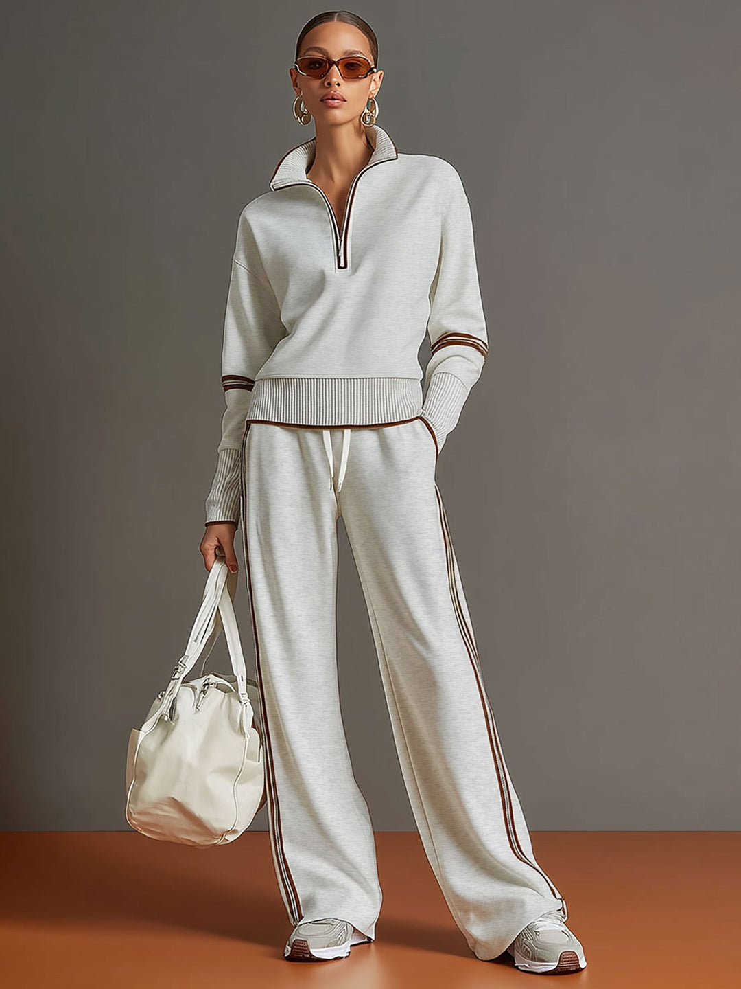 Vexara | Sporty Stripe Detail Quarter-Zip Top &amp; Wide Leg Tracksuit Set