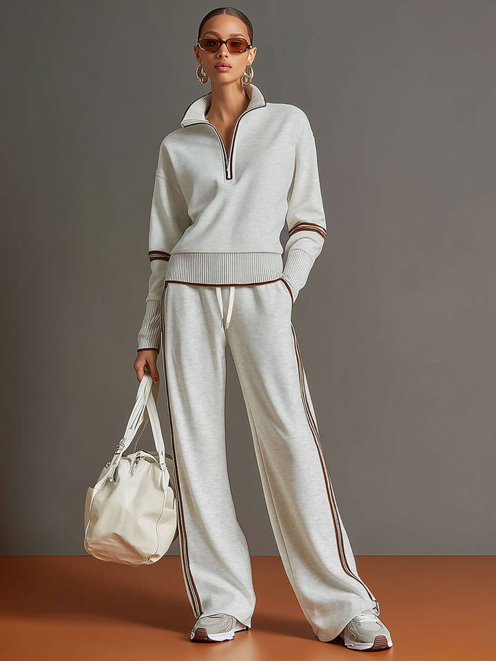 Vexara | Sporty Stripe Detail Quarter-Zip Top &amp; Wide Leg Tracksuit Set