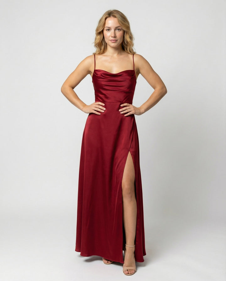 Verity | Satin Cowl Neck Maxi Bridesmaid Dress