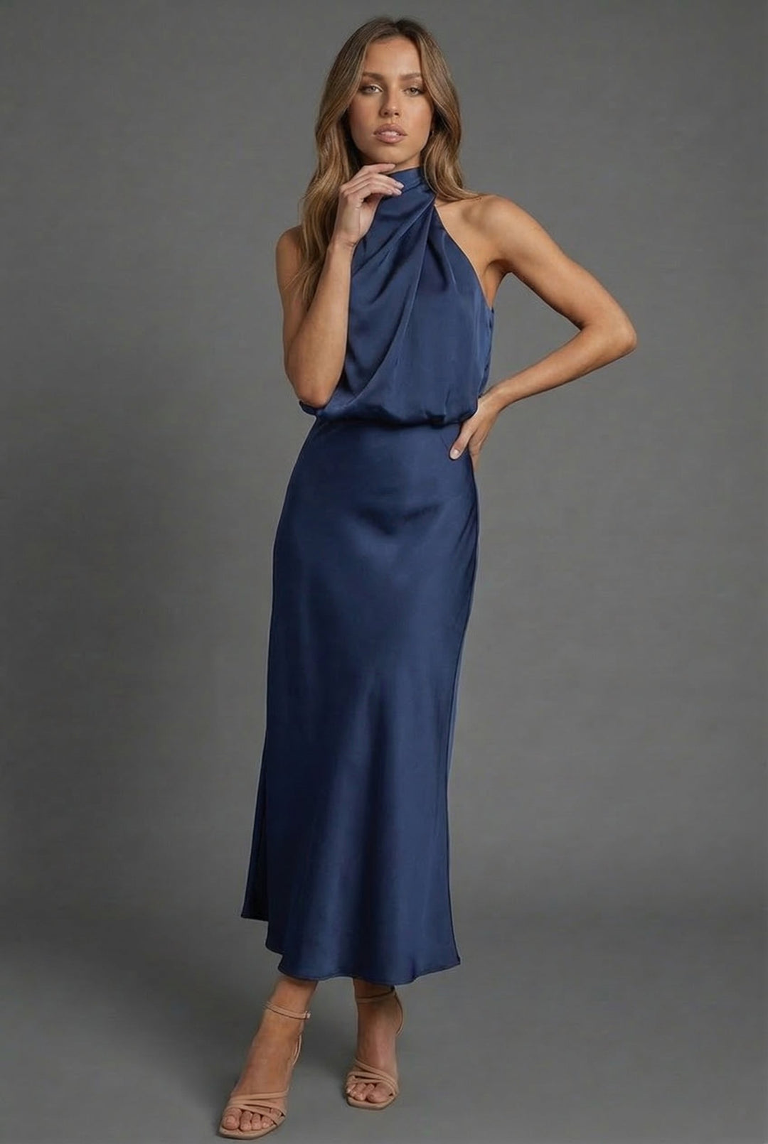Harriet | Wedding Guest Satin Halter Midi Dress