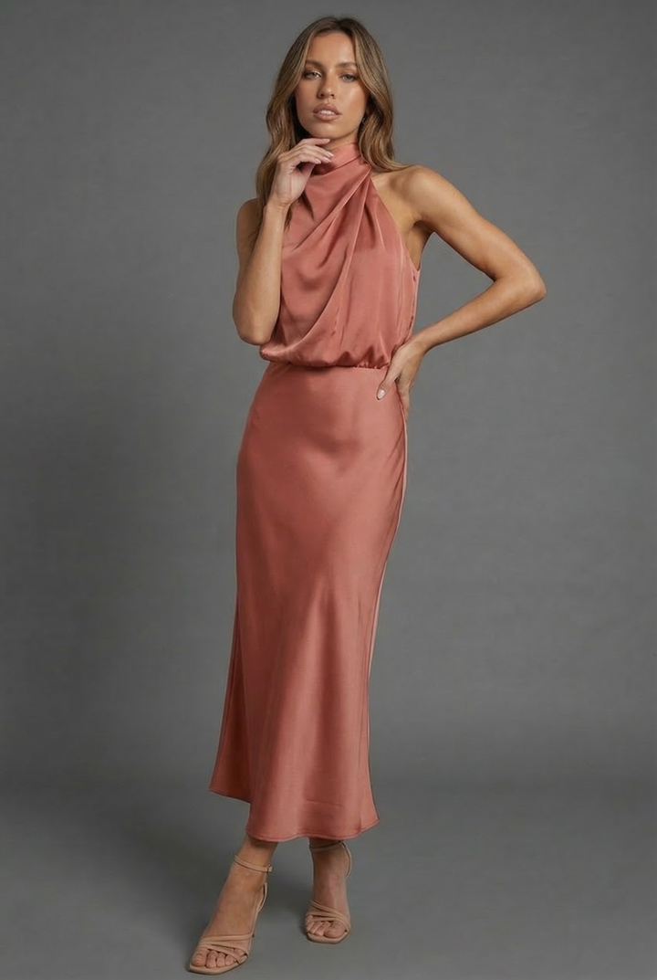 Harriet | Wedding Guest Satin Halter Midi Dress