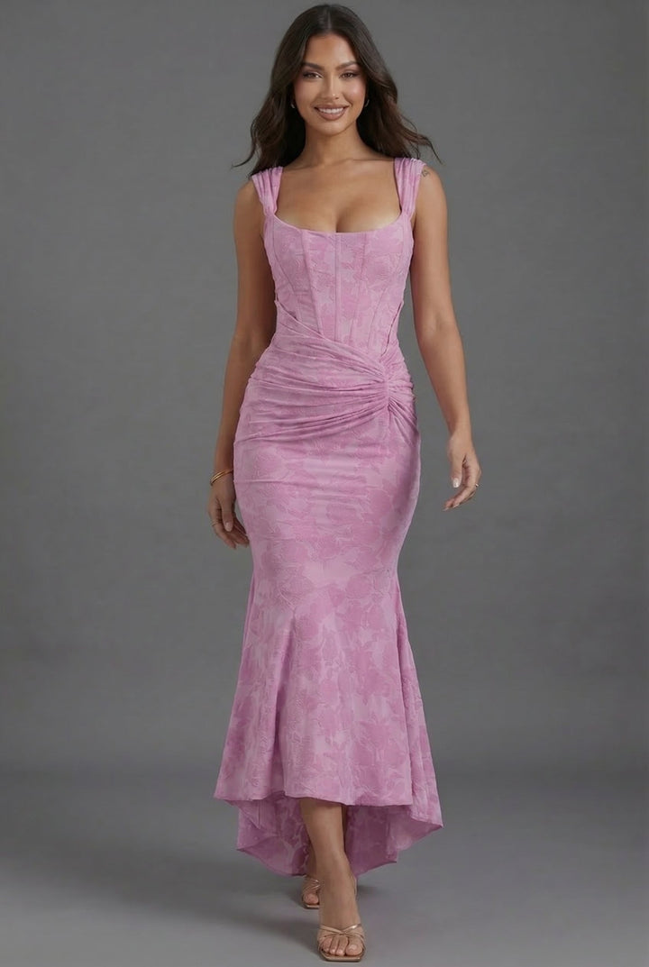 Grace | Wedding Guest Floral Jacquard Corset Midi Dress