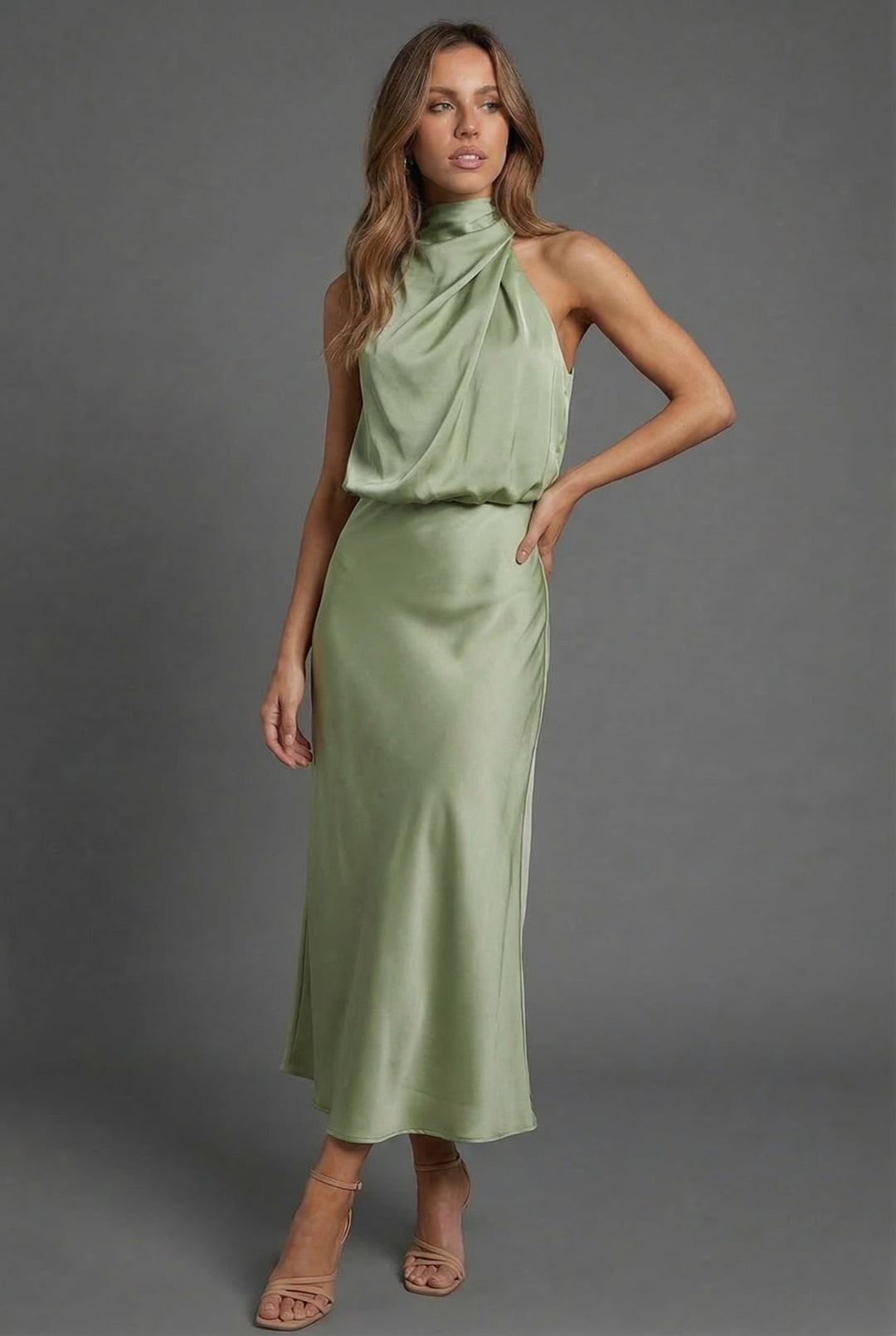 Harriet | Wedding Guest Satin Halter Midi Dress