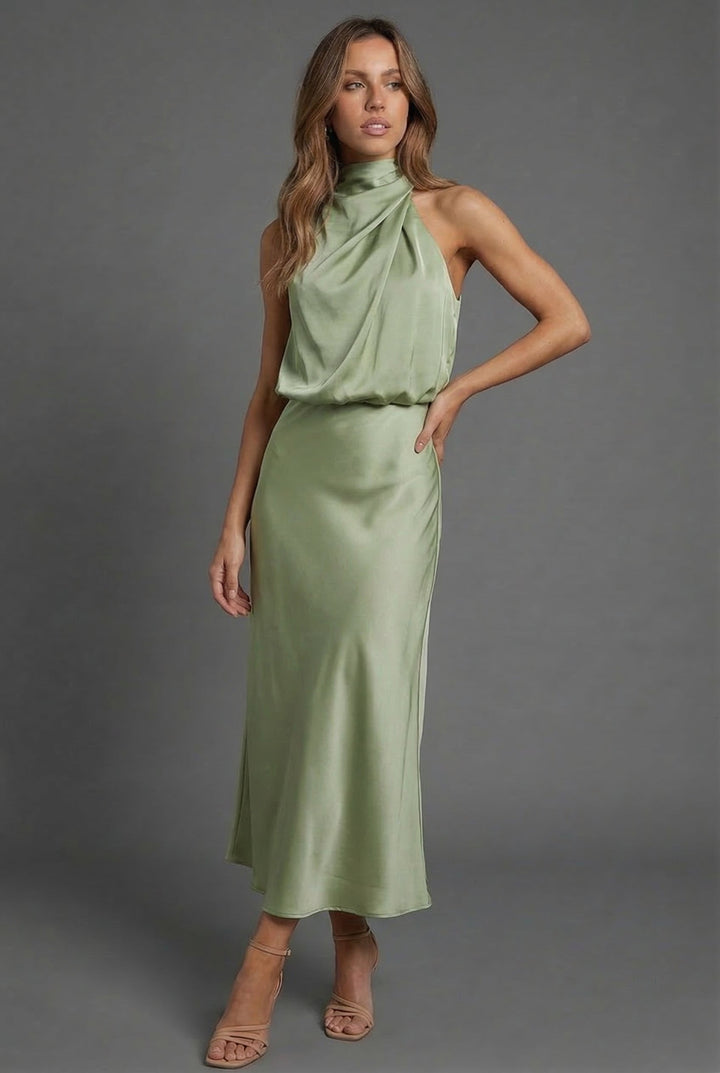 Harriet | Wedding Guest Satin Halter Midi Dress