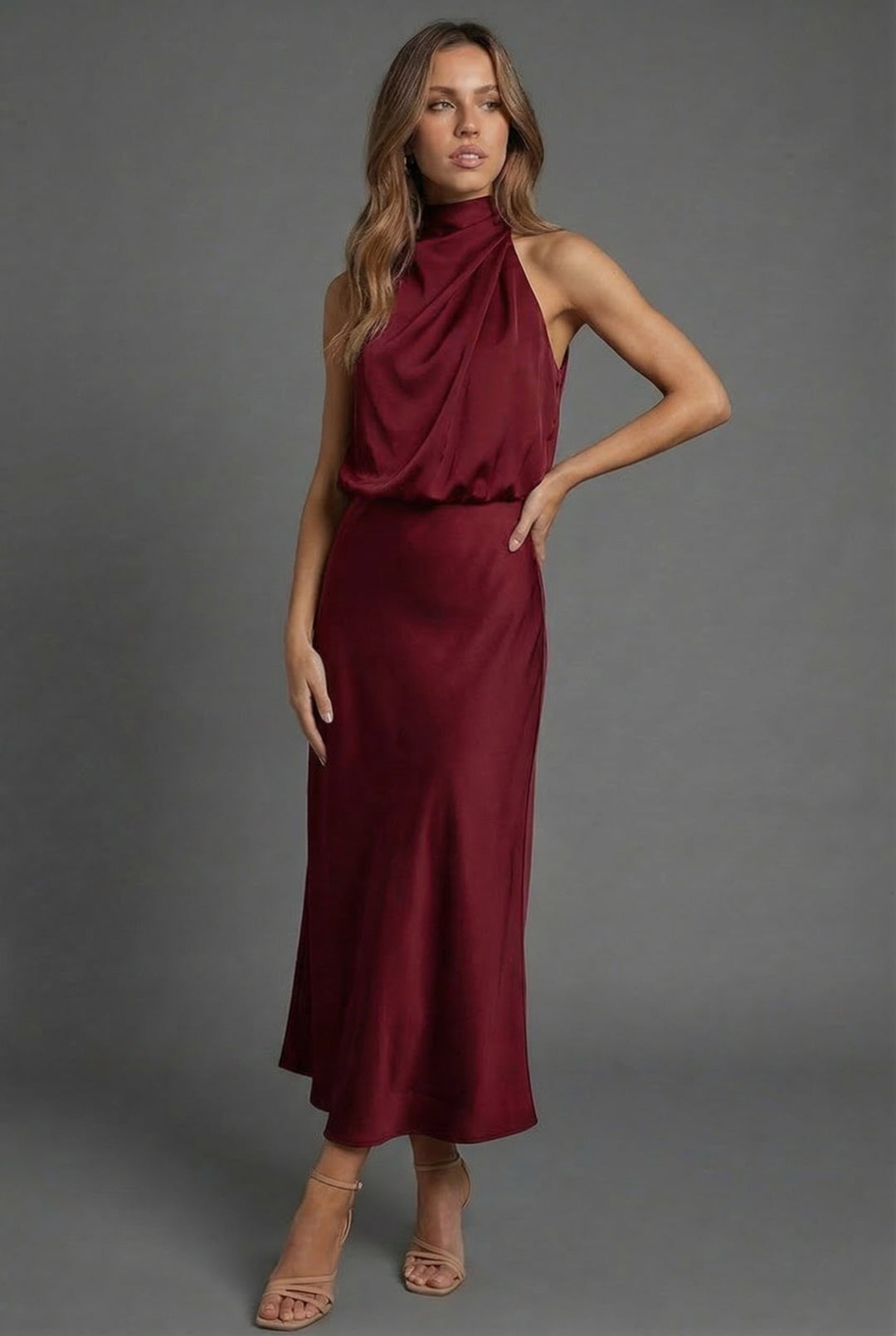 Harriet | Wedding Guest Satin Halter Midi Dress