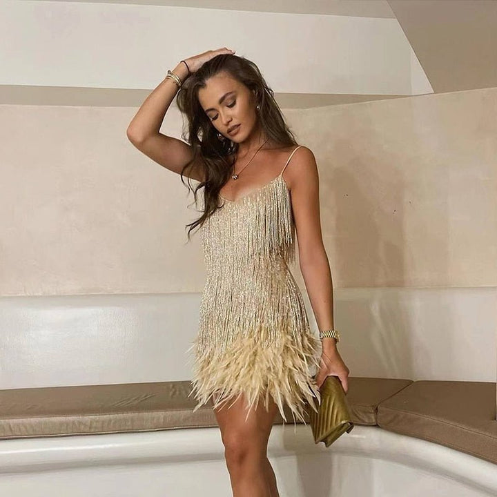Bronte | Wedding Guest Fringe Feather Mini Dress