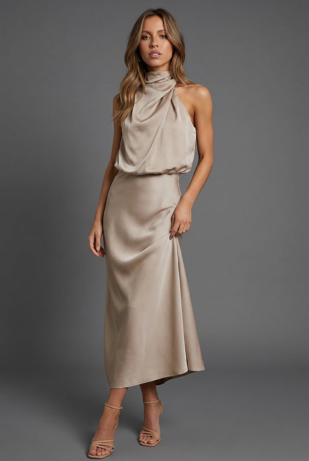 Harriet | Wedding Guest Satin Halter Midi Dress