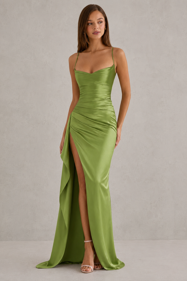 Ava | Ruched Satin Maxi Dress with Split