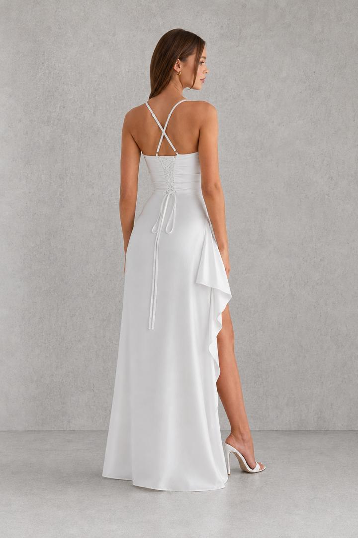 Ava | Ruched Satin Maxi Dress with Split